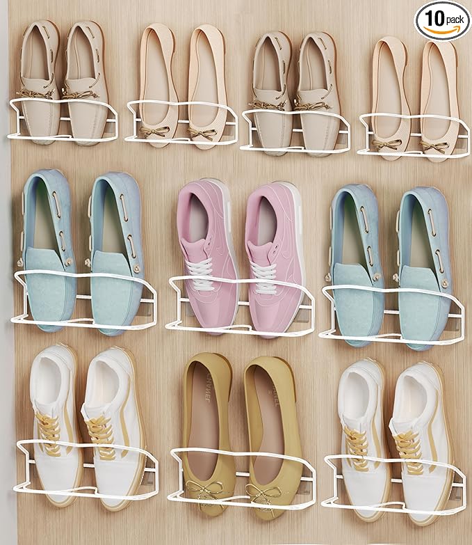 Wall Mounted Shoe Rack 10 Pack, with Sticky Hanging Strips, Metal Wall Shoe Storage, Hanging Shoe Organizer for Wall/RV/Door