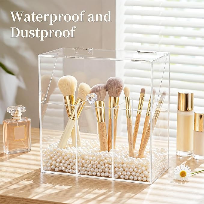 Okllen Makeup Brush Holder with Dustproof Lid, White Pearls, Acrylic Clear Makeup Brush Organizer with 3 Compartment, Large Cosmetic Brush Storage Box Case for Vanity, Bathroom, Bedroom