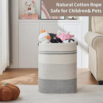 AINUOQI Laundry Basket with Handles - Blanket Basket & Hampers for Bedroom Aesthetic, Laundry Hamper & Blanket Storage for Living Room, Clothes Hamper, Tall, Large 17" x 14" x 22”, Grey & White