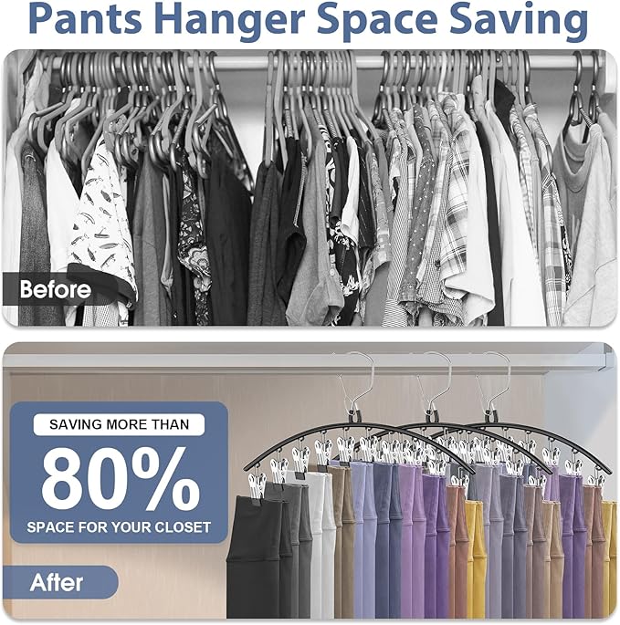 3 Pack Skirt Pants Hangers with Clips, Legging Organizer for Closet Hanging with 10 Cilps Holds 30 Leggings/Shorts/Jeans/Skirts Pants Hangers Space Saving Closet Organizers and Storage, Black