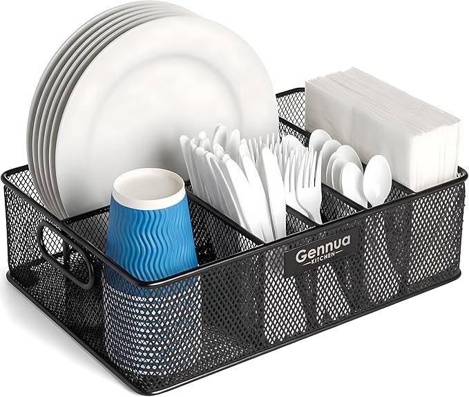 Gennua Kitchen Paper Plate Organizer for Cabinet, Counter, Picnics, Parties & More, Extra Large Utensil Caddy Crafted of Thick Iron Mesh With 6 Compartments for Paper Plates & Plastic Silverware