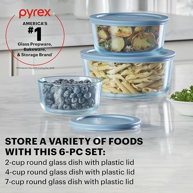 Pyrex Colors Tinted (6-PC Medium) Small/Medium Round Food Storage Container Set, Snug Fit Non-Toxic Plastic BPA-Free Lids, Freezer Dishwasher Microwave Safe, 2 Cup, 4 Cup & 7 Cup