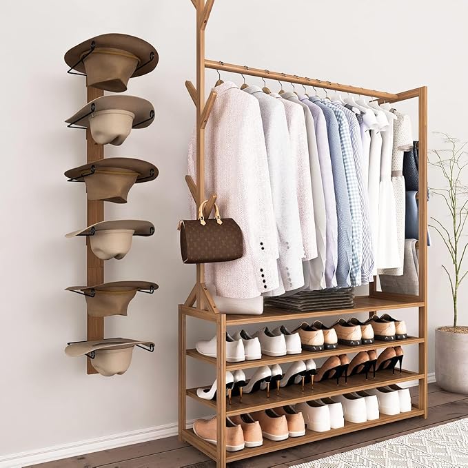 Cowboy Hat Rack - 6-Piece Western Hat Holder, Rustic Black Metal & Natural Wooden Board Wall Mount