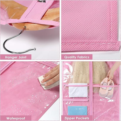 Univivi Dance Costume Bags Garment Bag 40 Inch Hanging Clothes for Dance Competitions, with 3 Medium Clear Zipper Pockets for Dance Costumes, Closet Storage (Pink) - 12 Pack