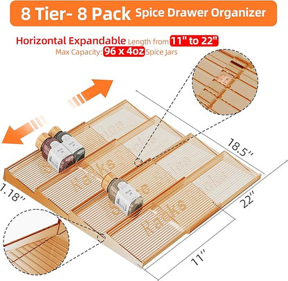 PanPanPal 8 Packs Spice Drawer Organizer, 2-Tier Acrylic Drawer Seasoning Organizer, Expandable From 11'' to 22'' Kitchen Spice Rack Organizers and Storage for Drawer (Jars not included), Amber