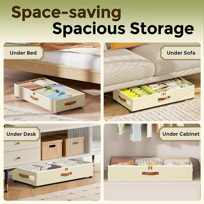 LAMU Under Bed Storage with Wheels, 2 Pack Under Bed Storage Containers with Clear Lids & Label, Rolling Under Bed Drawers for Clothes, Shoes, Blankets, Beige