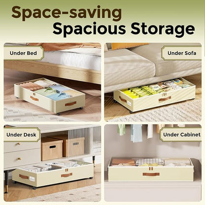 LAMU Under Bed Storage with Wheels, 2 Pack Under Bed Storage Containers with Clear Lids & Label, Rolling Under Bed Drawers for Clothes, Shoes, Blankets, Beige