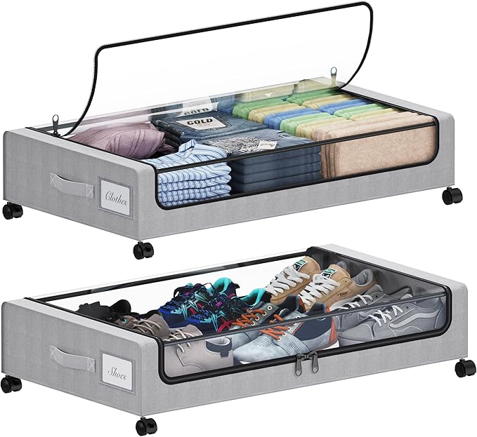 Tututry Under Bed Storage with Wheels, XXL 60L Under the Bed Storage Bins, Underbed Storage Containers with Lids & Label, Rolling Metal Drawer for Shoes, Clothes, Books, Toys (2-Pack Gray)