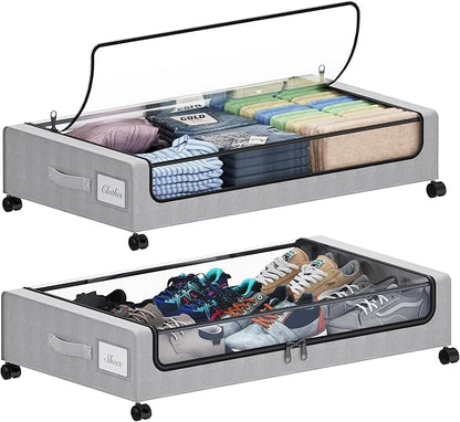 Tututry Under Bed Storage with Wheels, XXL 60L Under the Bed Storage Bins, Underbed Storage Containers with Lids & Label, Rolling Metal Drawer for Shoes, Clothes, Books, Toys (2-Pack Gray)