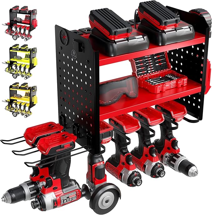 BUILTSTRONG Power Tool Organizer Wall Mount – 3-Tier Heavy-Duty Steel Rack, 6 Drill Slots, Dual Pegboard Sides, Side-by-Side Modular, 100 lb Capacity – Garage & Workshop (Red)