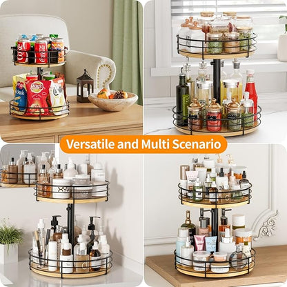2 Tier Lazy Susan Turntable Organizer Adjustable - 12 Inch Snack Organizer Wood Rotating Spice Rack for Kitchen Countertop Pantry Cupboard Bathroom Coffee Bar Home Storage, Black