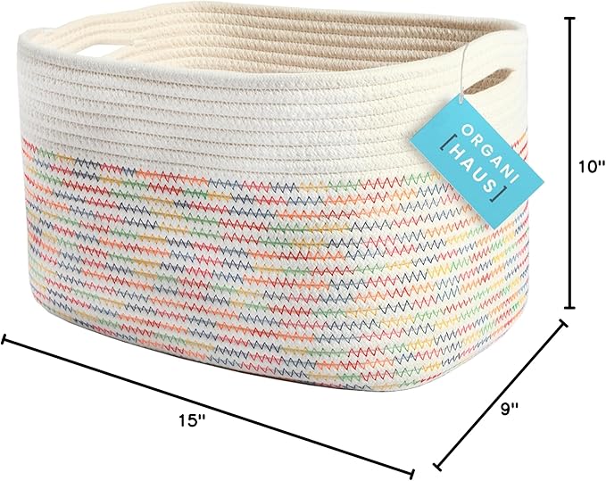 Rainbow Stitches Cotton Rope Basket for Shelf Storage - 15"×10"×9½" - Colorful Decorative Basket for Kids - Nursery, Playroom, Classroom - Toy Storage, Books, Towels