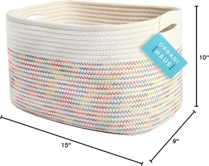 Rainbow Stitches Cotton Rope Basket for Shelf Storage - 15"×10"×9½" - Colorful Decorative Basket for Kids - Nursery, Playroom, Classroom - Toy Storage, Books, Towels