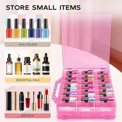 DreamGenius Nail Polish Organizer Case for 48 Bottles with 2 Nail Separators, Double Side Gel Nail Polish Holder with Adjustable Dividers, Pink