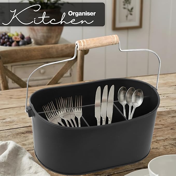 Alpha Living Home 4 Compartment Metal Flatware Caddy Silverware & Condiment Holder Cutlery Organizer Flatware Organizer - Perfect for Kitchen, Dining, and Picnics (Black)