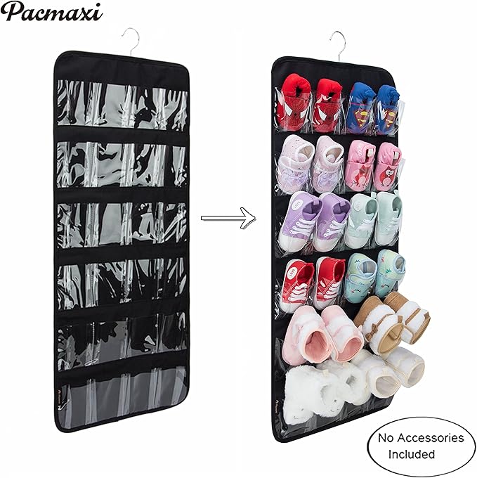 PACMAXI Over The Door Shoes Organizer for 12 Pairs of Baby Shoes Boys Girl, Hanging Baby Shoe Organizer with Hanger(Polyester Material-Black)