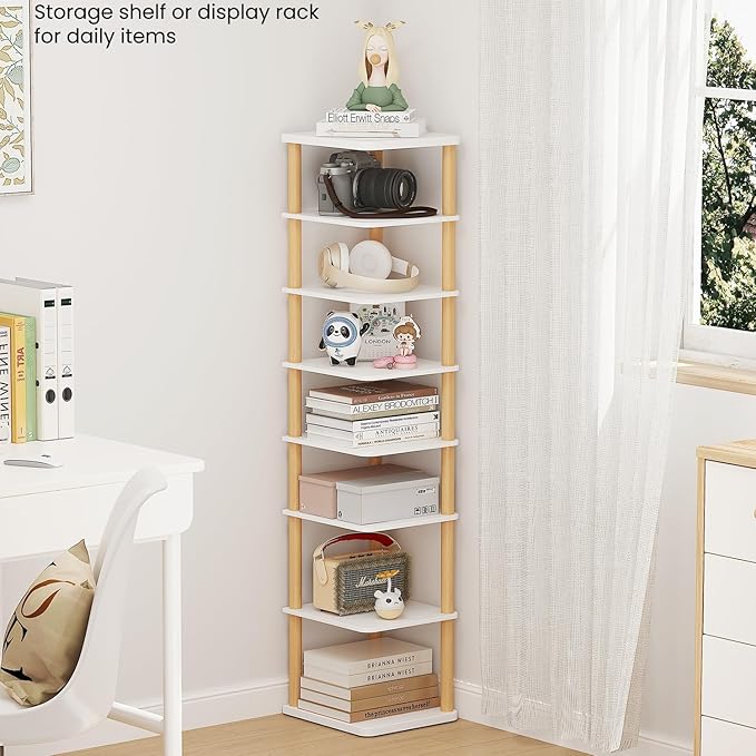 LUCKNOCK Vertical Shoe Rack, 8-Tier Tall Narrow Shoe Organizer for Entryway, Closet, Dorm & Small Spaces, Freestanding Wooden Shoe Shelf Tower for Boots, Sneakers, Heels. (White)