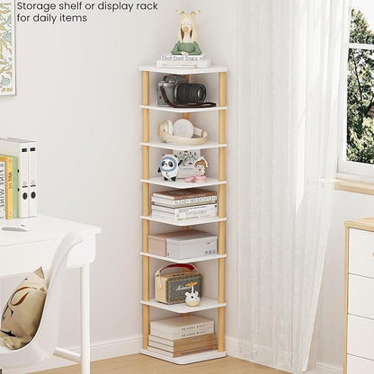 LUCKNOCK Vertical Shoe Rack, 8-Tier Tall Narrow Shoe Organizer for Entryway, Closet, Dorm & Small Spaces, Freestanding Wooden Shoe Shelf Tower for Boots, Sneakers, Heels. (White)