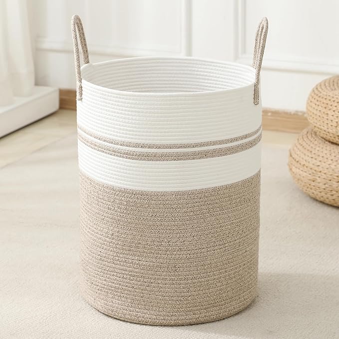 Laundry Basket Hamper Tall Rope Storage Woven for Blanket toys Dirty Clothes in Living Room Bathroom Bedroom (Brown&White, 100L/26.4Gal)