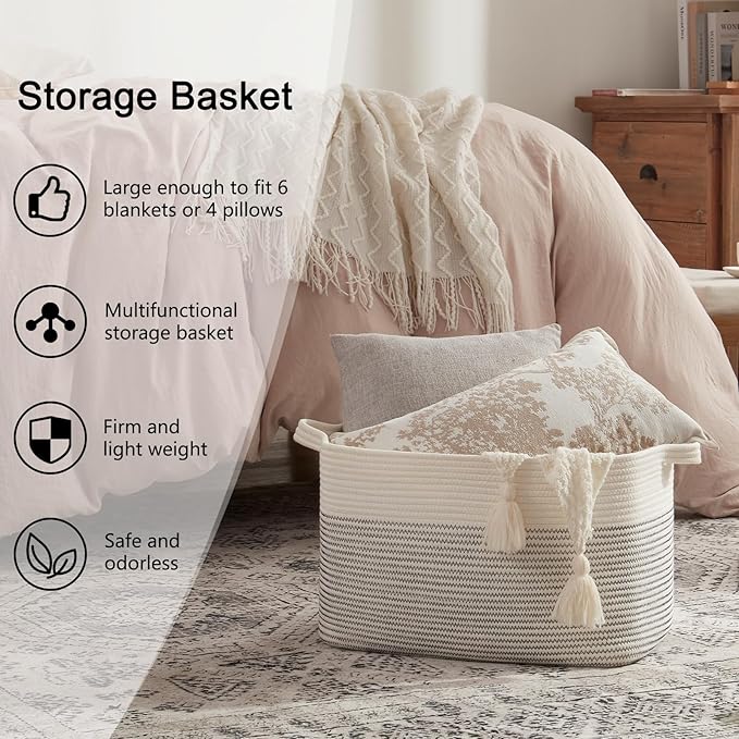 OIAHOMY Large Blanket Basket, 65L Cotton Rope Woven Laundry Basket, Toy Bin for Baby Room, Container for Blanket Storage in Living Room, 20''×16''×12'', Black & White