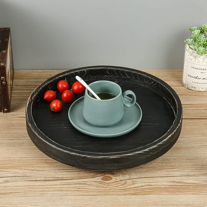 13.38 Inch Rustic Round Wood Lazy Susan for Table Top - Wooden Turntable Serving Tray Distressed Farmhouse Turntable Tray, Cabinet Organizer(Black)