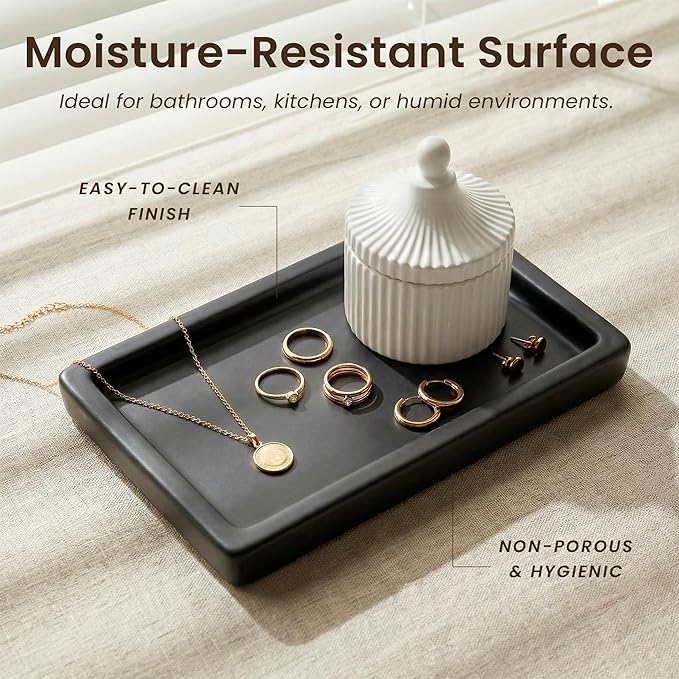 MaisoNovo Black Bathroom Tray Countertop - 7.4x5.1 inch Handcrafted Ceramic Kitchen Tray for Soap Bottles, Perfume, Jewelry - Moisture Resistant - Rectangle Bathroom Dish with 4 Anti-Slip Pads