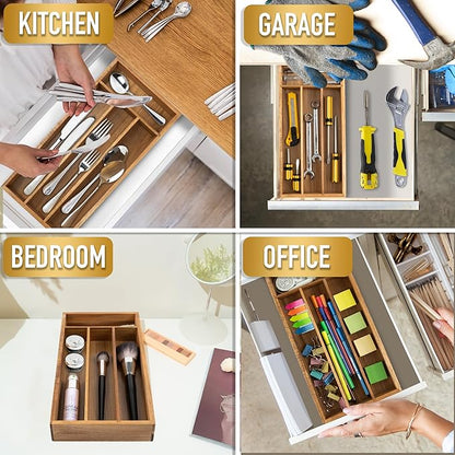 Acacia 4 Slot Silverware Drawer Organizer - Cutlery Holder with Flatware Tray