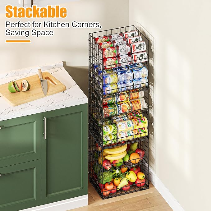 JKsmart 6-Tier Stackable Wire Basket, Can Organizer for Pantry Kitchen, XXL Metal Storage Shelves with Dividers & Handles, Easy Assembly Space Saving Storage Bins for Snacks Fruits Veggies