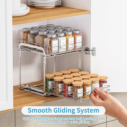 BOIVSHI Pull Out Spice Rack, 2 Tier Spice Organization for Cabinet, Heavy Duty Spice Rack, 9-1/4 inch Wide - Spice Racks for Inside Cabinets, Kitchen, Pantry - Chrome, 9.25”W x 10.39”D x 9.76”H