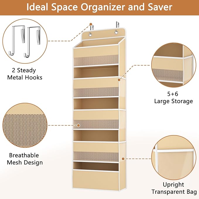 Kaitiemoo 1 Pack 5-Tier Over the Door Organizer, Heavy-Duty Large Deep Pocket Hanging With 5 Large Front & 6 Side Pockets With for Pantry, Kitchen, Bathroom, Dorm, Beige