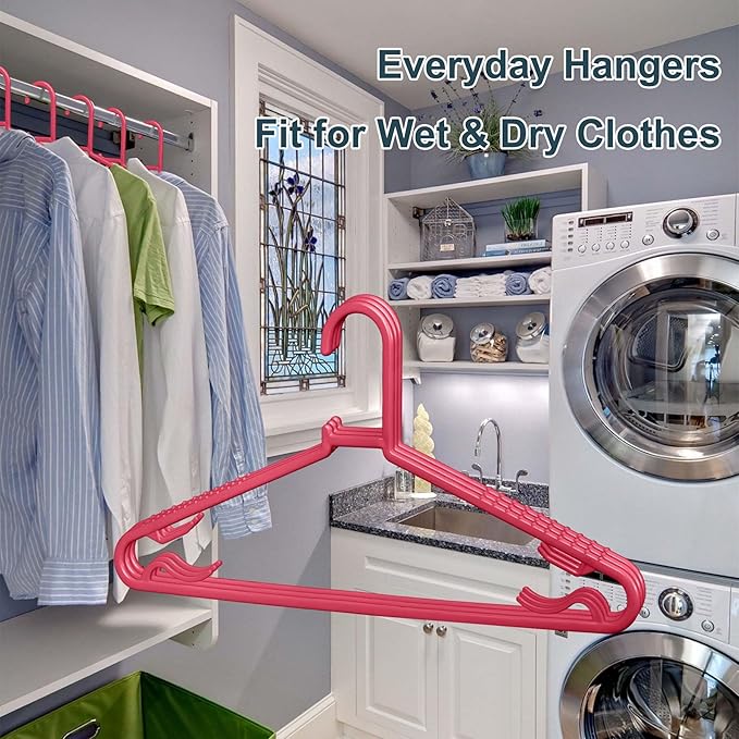 Byomostor Plastic Hangers 50 Pack, Light Weight Durable Clothes Hangers with Hooks Standard Size G-Shape&Non-Slip Coat Hangers for Everyday Use (Pink)