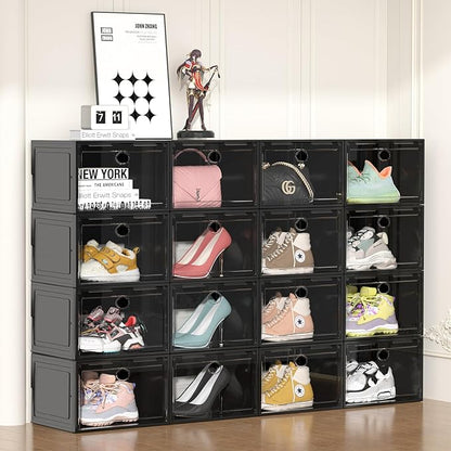 8 Pack XL Drop Side Shoe Box, Entryway Shoe Storage Box, Shoe Organizer for Closet Fit US 12(8 PACK Black)