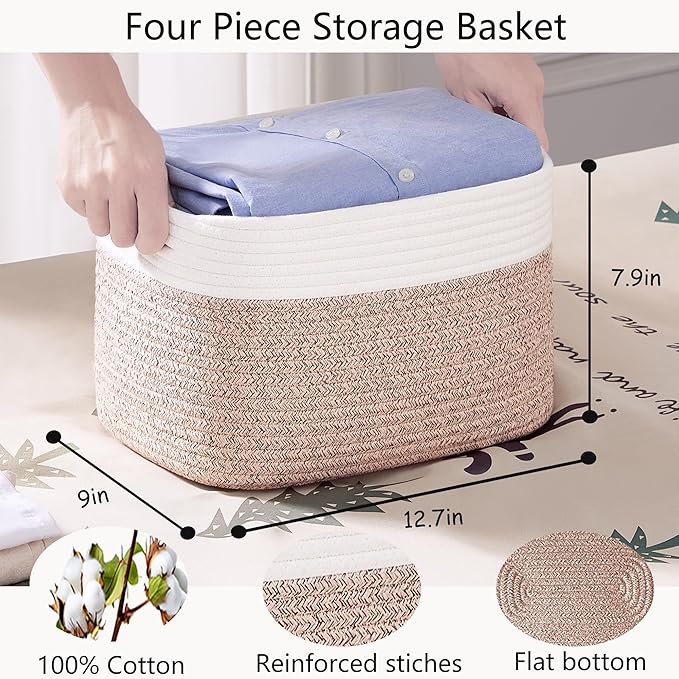 Storage Baskets for Shelves Set of 4 Woven Cotton Rope Rectangle Toy Bin for Baby Nursery 12.7"Lx9"Wx7.9"H Brown & White