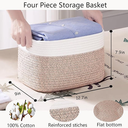 Storage Baskets for Shelves Set of 4 Woven Cotton Rope Rectangle Toy Bin for Baby Nursery 12.7"Lx9"Wx7.9"H Brown & White