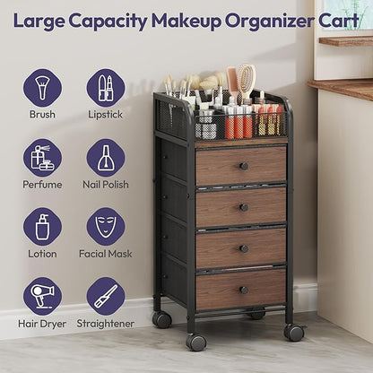 SWTYMIKI Rolling Makeup Organizer Cart - Under Desk Vanity Makeup Storage with 4 Non-woven Drawers, Nail Cart Organizer Cosmetic Display Cases Cabinet for Skin Care Perfume Nail Polish Brush Hair Tool
