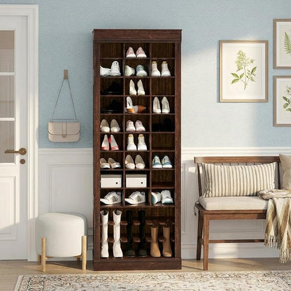 10-Tier Shoe Storage Cabinet, Freestanding Wooden Shoe Rack with Cubbies, Farmhouse Tall Shoes Cubby Organizer for Entryway, Mudrooms, Living Room