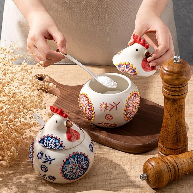 LemonRoad 2 Pcs Ceramic Salt Cellar with Lid and Spoon, 13oz Large Chicken Rooster Cookie Jar Salt Containers Holder for Countertop Spices, Ideal for Adding Charm to Kitchen Christmas Decor(Red,Blue)