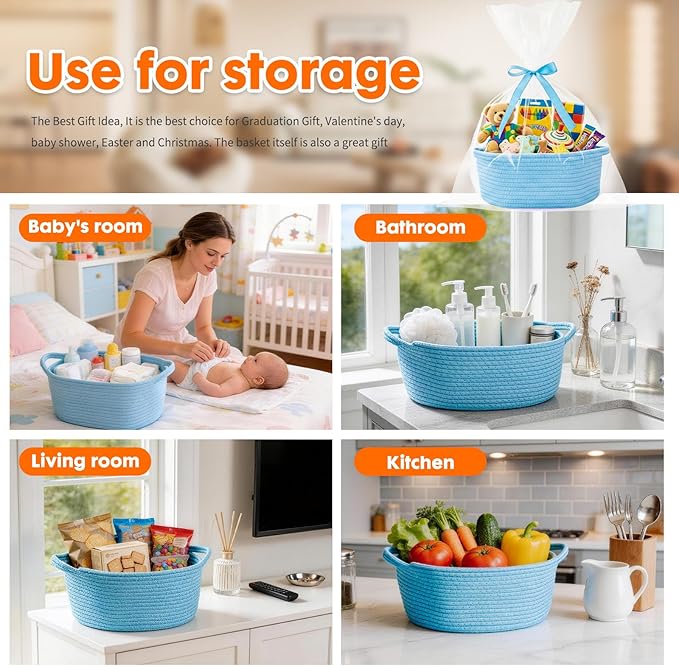 ShellKingdom Storage Basket with Handles, Empty Gift Basket with Gift Bags and Ribbon, Small Woven Baskets for Home, Nursery Storage Organizer, 12 X 8 X 5 INCH, Light Blue