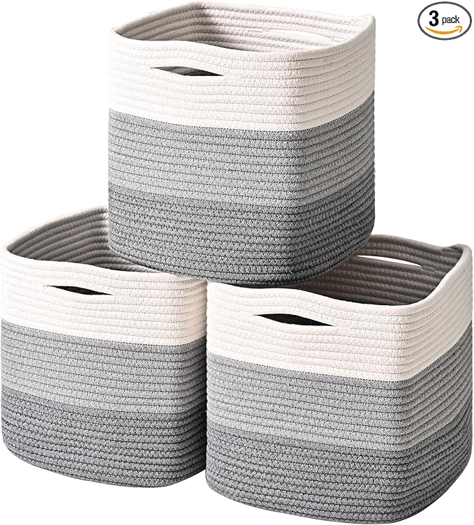 11 Inch Cube Storage Bins, 11x11 Cube Storage Bins for Cube Organizer, Square Cloth Storage Cubes, Woven Storage Baskets for Shelves, Toy Rope Baskets Storage Kids, Gradient Grey (Pack of 3)
