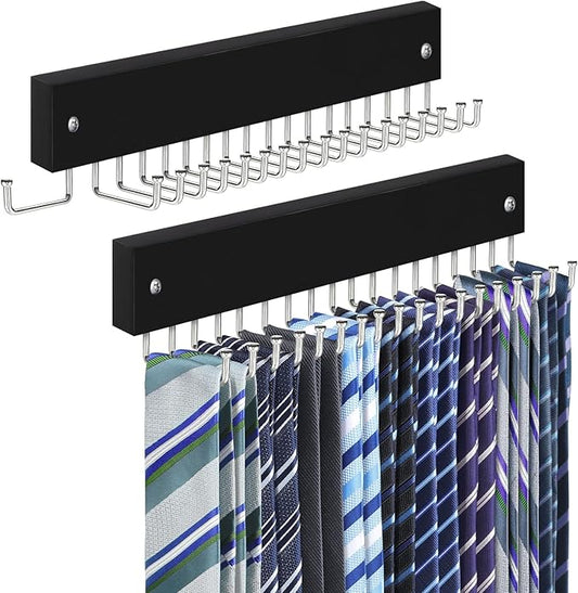 Tie Rack Belt Hanger Wall Mounted, Lomrsiul Non Slip 180 Degree Rotating Tie Organizer for Men Closet with 18 Hooks Closet Organizers and Storage for Tie Belt Necklace Purse Scarf Bag Black 2 Pack
