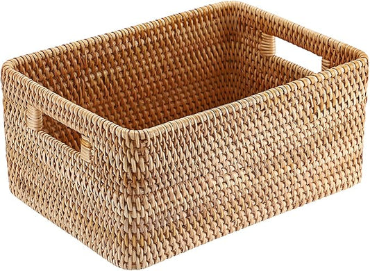 Hipiwe Handwoven Wicker Basket for Organizing Natural Rattan Basket with Handles Rectangular Closet Organizer Bin Multipurpose Storage Box, 13.8" x 9.8" x 6.3"