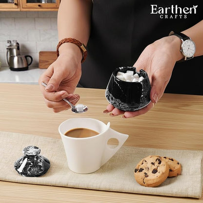 Marble Salt Cellar with Lid & Spoon Black 3" Inches Stone Salt Holder for Countertop, Salt and Spice Jar Salt Box Seasoning Containers, Kitchen Decor, 3 OZ Capacity
