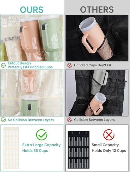 NiHome 35 Pockets Door Hanging Organizer Fit for Stanley 30oz 40oz Tumblers with Handles, Deep Clear Pockets with Handle Slots, Waterproof Oxford Fabric for Kitchen, Cabinet, Pantry, Closet (Beige)