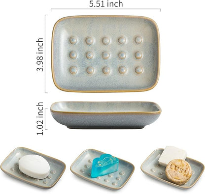 Soap Dish for Shower, Ceramic Soap Dish for Large Soap Bars, Non-Slip Soap Holder & Saver Tray with Floating Point Design for Bathroom, Shower, Kitchen Sink, Save Soap Loss (Pack of 2)