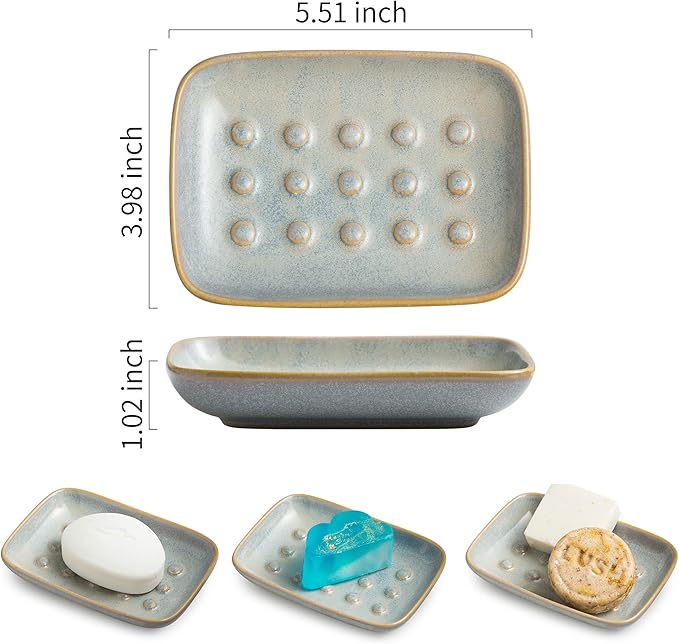 Soap Dish for Shower, Ceramic Soap Dish for Large Soap Bars, Non-Slip Soap Holder & Saver Tray with Floating Point Design for Bathroom, Shower, Kitchen Sink, Save Soap Loss