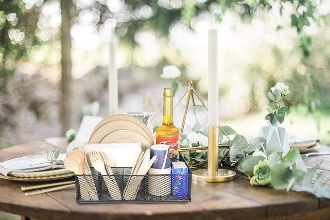 Metal Paper Plate Organizer & Utensil Holder for Countertop, Silverware Caddy Cutlery Flatware Organizer for Plastic Cup Forks Spoon Napkins, Paper Plate Holder for Picnic Camping Party