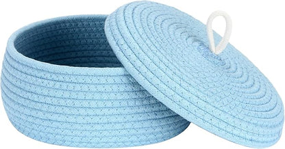 Sea Team Round Cotton Rope Storage Basket with Lid, Decorative Woven Storage Bin, Pot, Caddy, Organizer, Container for Snacks, Towels, Plants, 10 x 4.5 Inches (Small, Shallow, Blue)