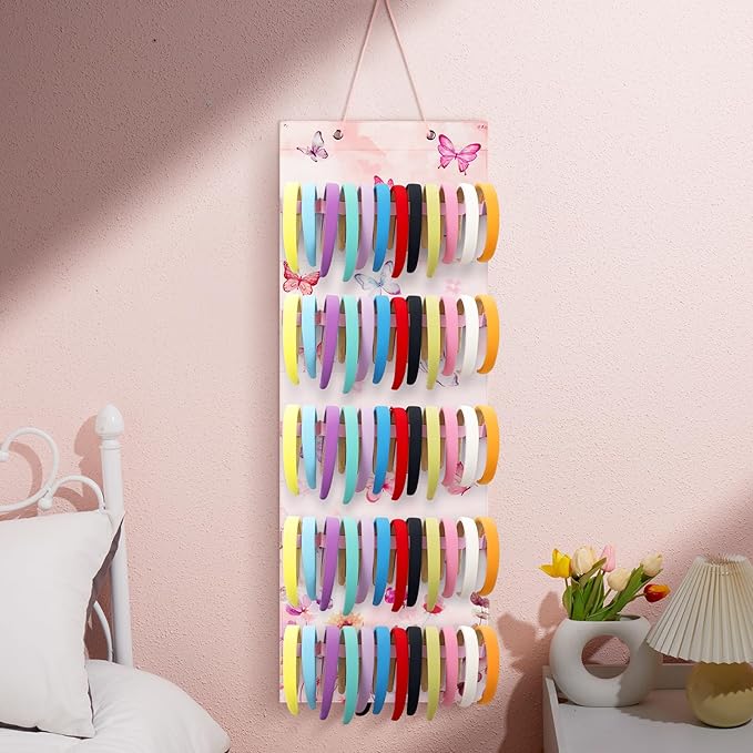 Tudomro Hanging Headband Holder for Girls Felt Hair Accessories Organizer with 60 Elastic Bands Bow Hanger for Girls Hair Bows Without Headbands(Pink, Purple,Butterfly)