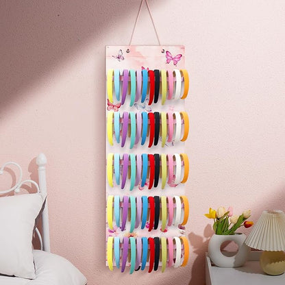 Tudomro Hanging Headband Holder for Girls Felt Hair Accessories Organizer with 60 Elastic Bands Bow Hanger for Girls Hair Bows Without Headbands(Pink, Purple,Butterfly)