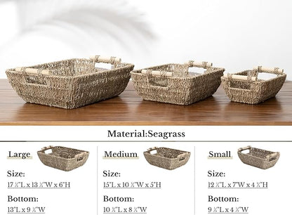 StorageWorks Hand-Woven Large Storage Baskets with Wooden Handles, Seagrass Wicker Baskets for Organizing, 2-Pack